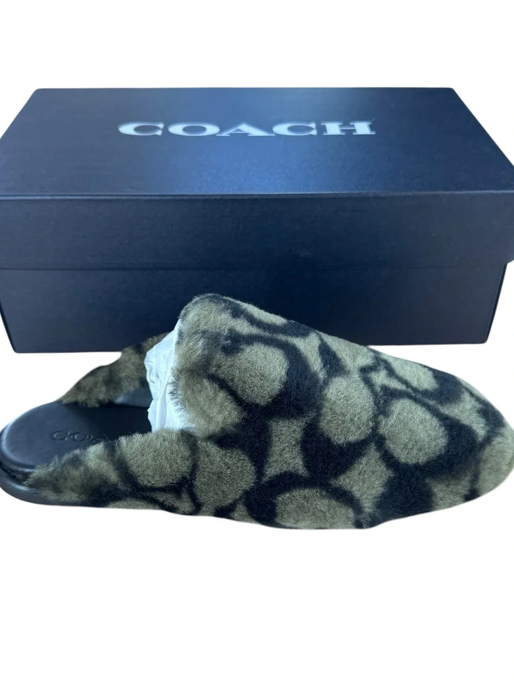 Coach Women's Signature Shearling Slippers Olive Size 7 New in Box